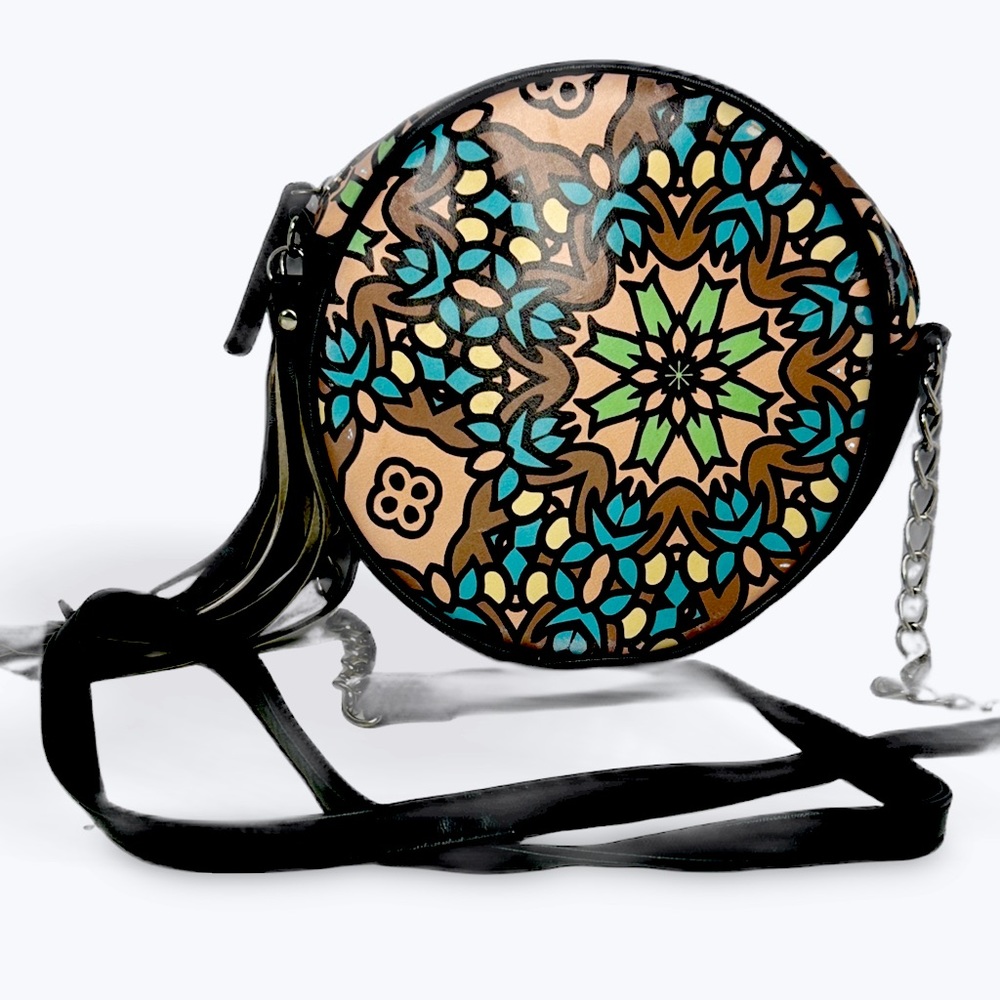Women’s Small Round Boho Festival Bag With Tassel Mandala Pattern with chain